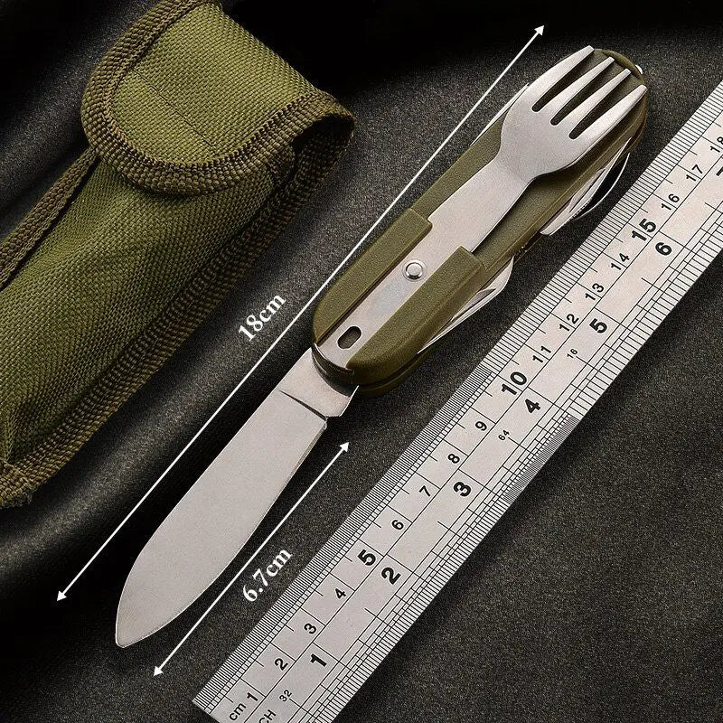 7 In 1 Multifunctional Outdoor Tableware Stainless Steel Foldable Fork Spoon Knife Picnic Camping Hiking Travelling Dinnerware Doba