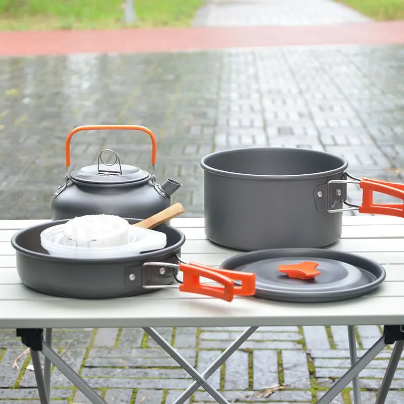 Outdoor portable 2-3 person camping stove cover pot picnic cooker non stick pot teapot combination set including tableware Doba