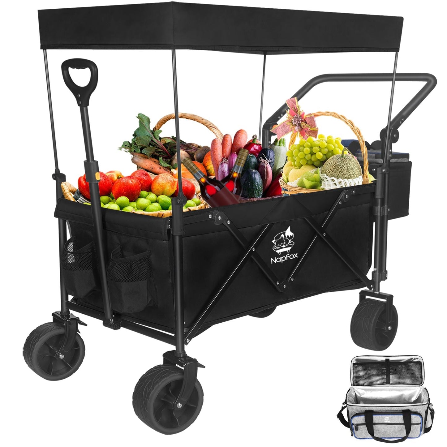 Collapsible Wagon 140L Wagons Carts Foldable with Removable Canopy, Folding Wagon Cart with Wheels for All-Terrain with Brake, Foldable Wagon with Cooler Bag, for Camping Beach Shopping Doba