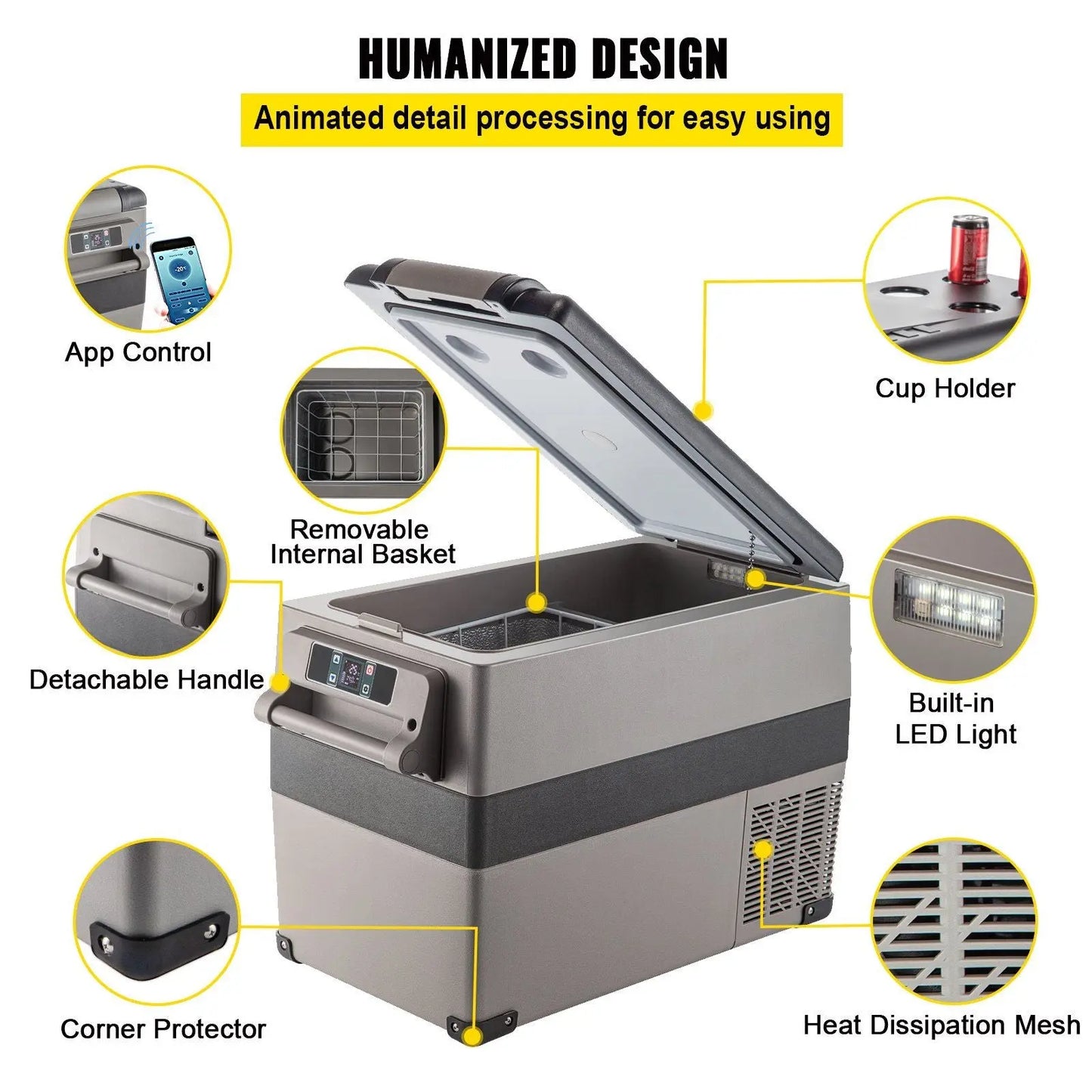 VEVOR 12 Volt Refrigerator 45L(48qt) Fast Cooling Portable Freezer with App Control(-4°F~68°F) Car Fridge with 12/24v DC & 110-240v AC for Travel, Camping and Home Use, 48 Quart, Black Doba