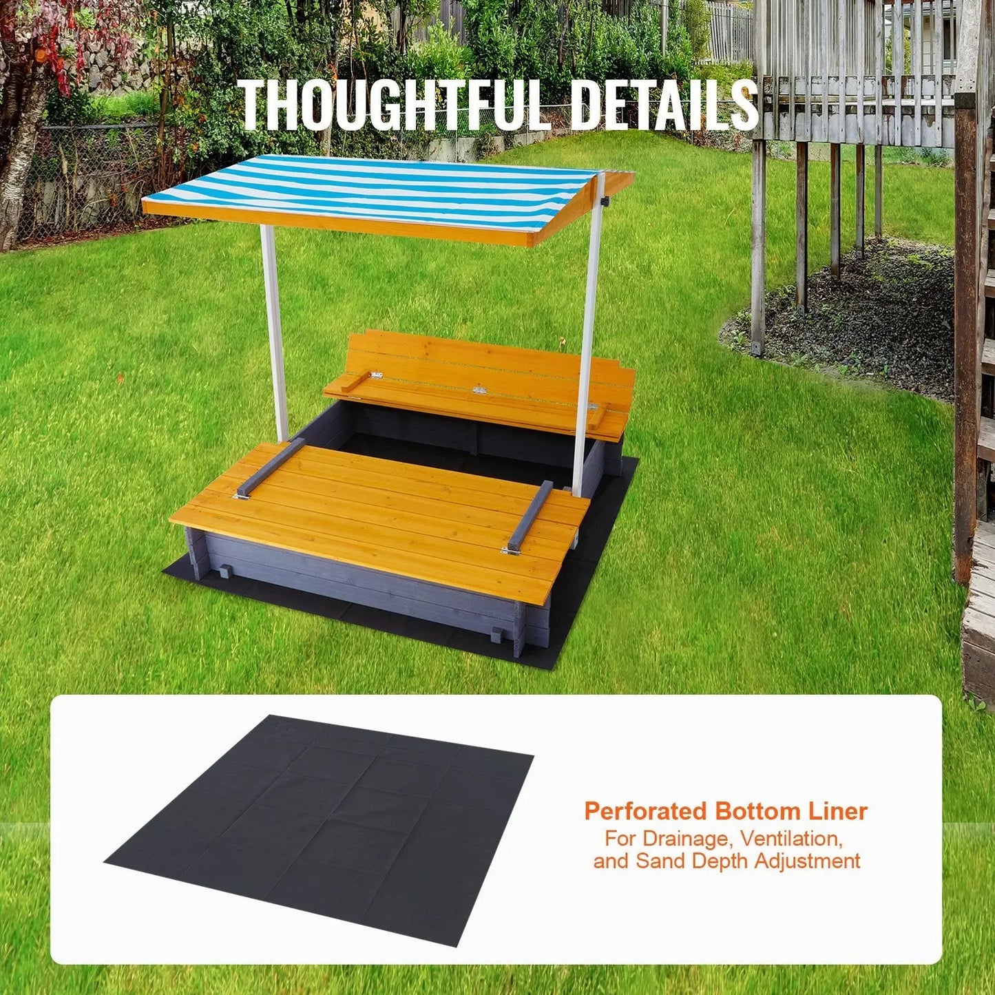VEVOR Wooden Sandbox with Canopy, 57.3 x 47.2 x 47.2 in Sand Box, Sand Pit with Foldable Bench Seats and Bottom Liner, Natural Wood Kids Sandbox for Outdoor Backyard, Beach, Park, Gift for Ages 3-12 Doba