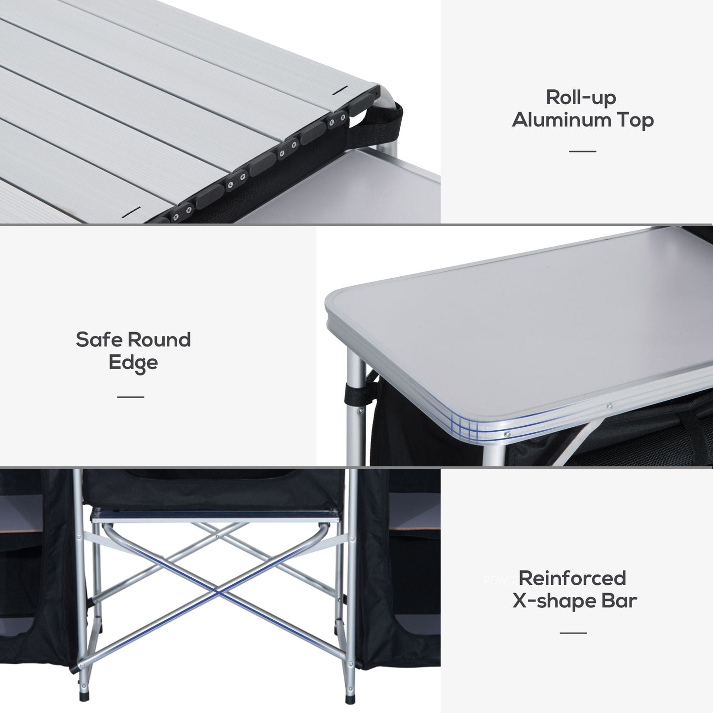 Outsunny Aluminum Portable Camping Kitchen Fold-Up Cooking Table With Windscreen and 3 Enclosed Cupboards for BBQ, Party, Picnics, Backyards Doba