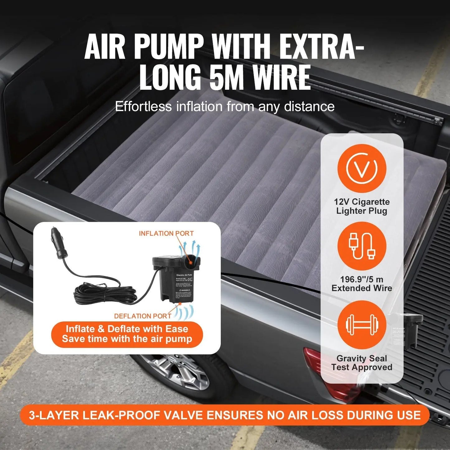 VEVOR Truck Bed Air Mattress, for 5.5-5.8 ft Full Size Short Truck Beds, Inflatable Air Mattress Camping Bed with 12V Air Pump 2 Pillows, Carry Bag, for Silverado, RAM, F Series, Sierra, Titan, Tundra Doba