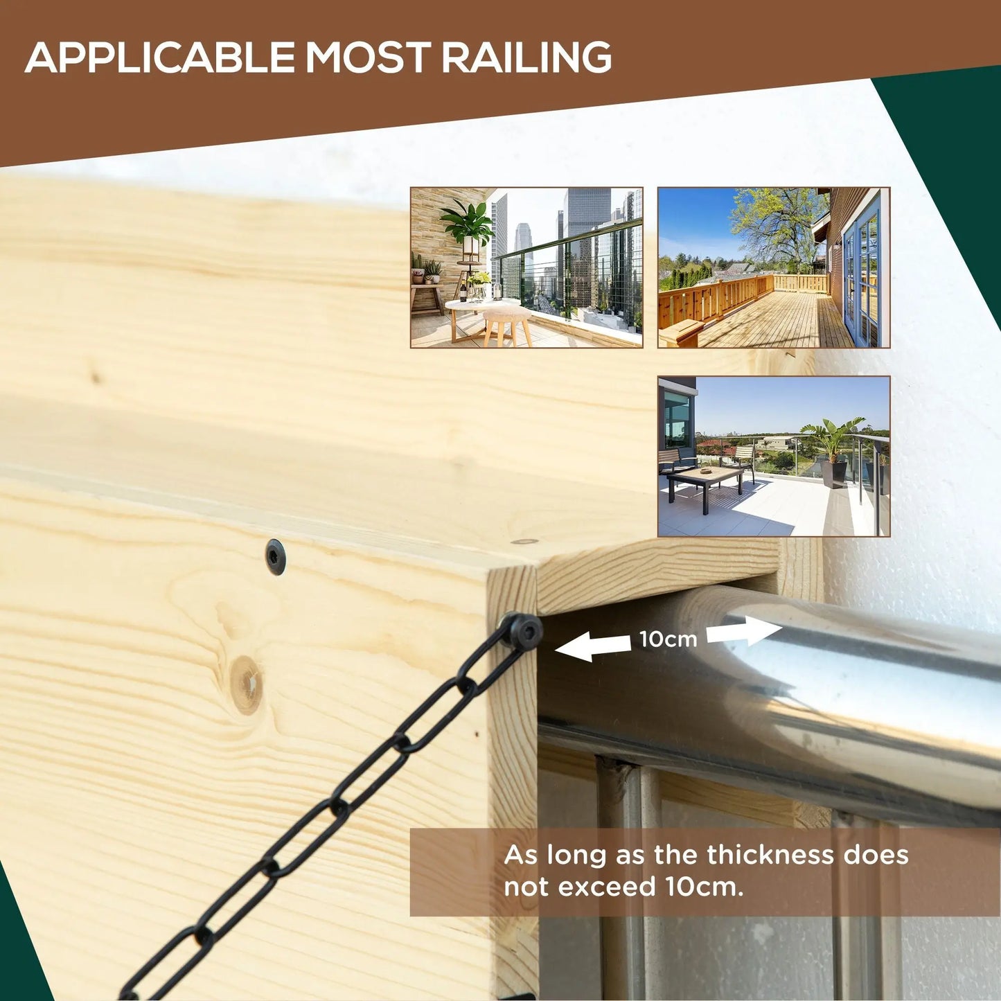 Hanging Balcony Table, Spruce Wood Foldable Railing Bar, Serving Table & Desk, Fits up to 3.9 Inches, Natural Doba