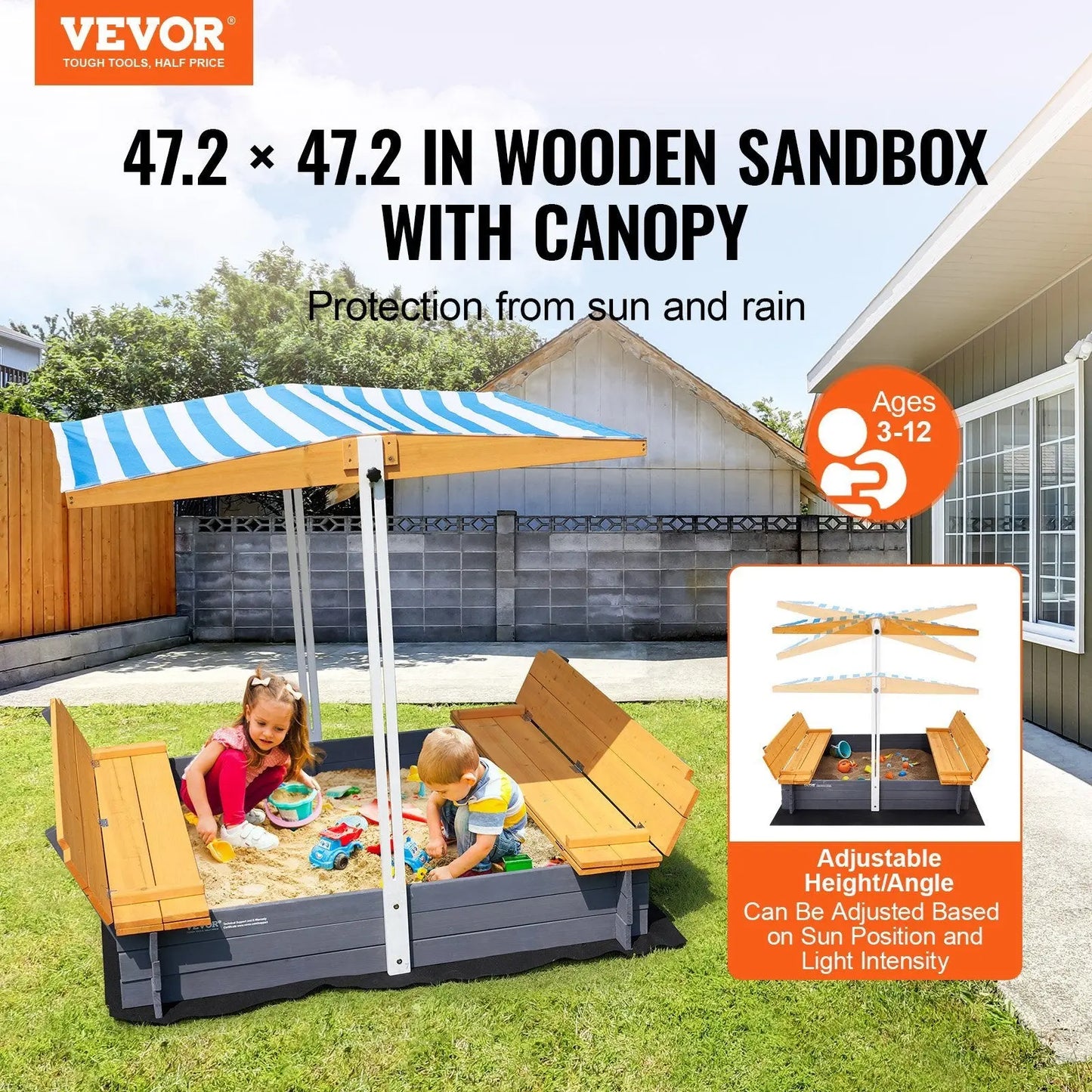 VEVOR Wooden Sandbox with Canopy, 57.3 x 47.2 x 47.2 in Sand Box, Sand Pit with Foldable Bench Seats and Bottom Liner, Natural Wood Kids Sandbox for Outdoor Backyard, Beach, Park, Gift for Ages 3-12 Doba