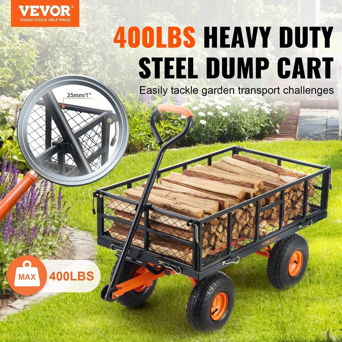 VEVOR Dump Cart, Metal Garden Dump Cart with Easy to Assemble Frame, Dump Wagon with 2-in-1 Convertible Handle, Utility Wheelbarrow 400 lbs Capacity, 10 inch Tires Doba