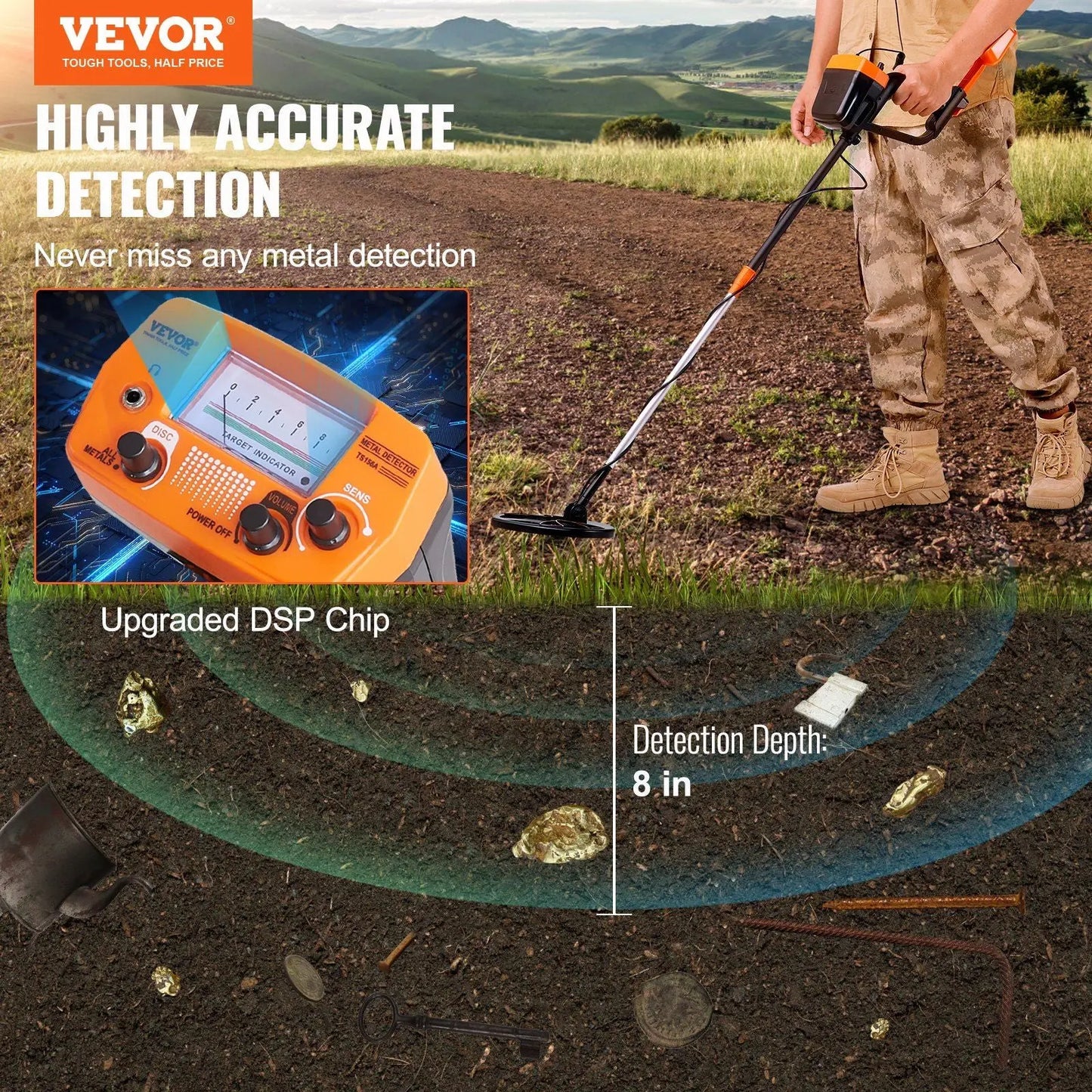 VEVOR Metal Detector for Adults & Kids, 8 Inch Waterproof Search Coil with High Accuracy Pointer Display, Adjustable 38''-49'' Gold Detector, Lightweight Aluminum Stem for Detecting Gold Treasure Doba