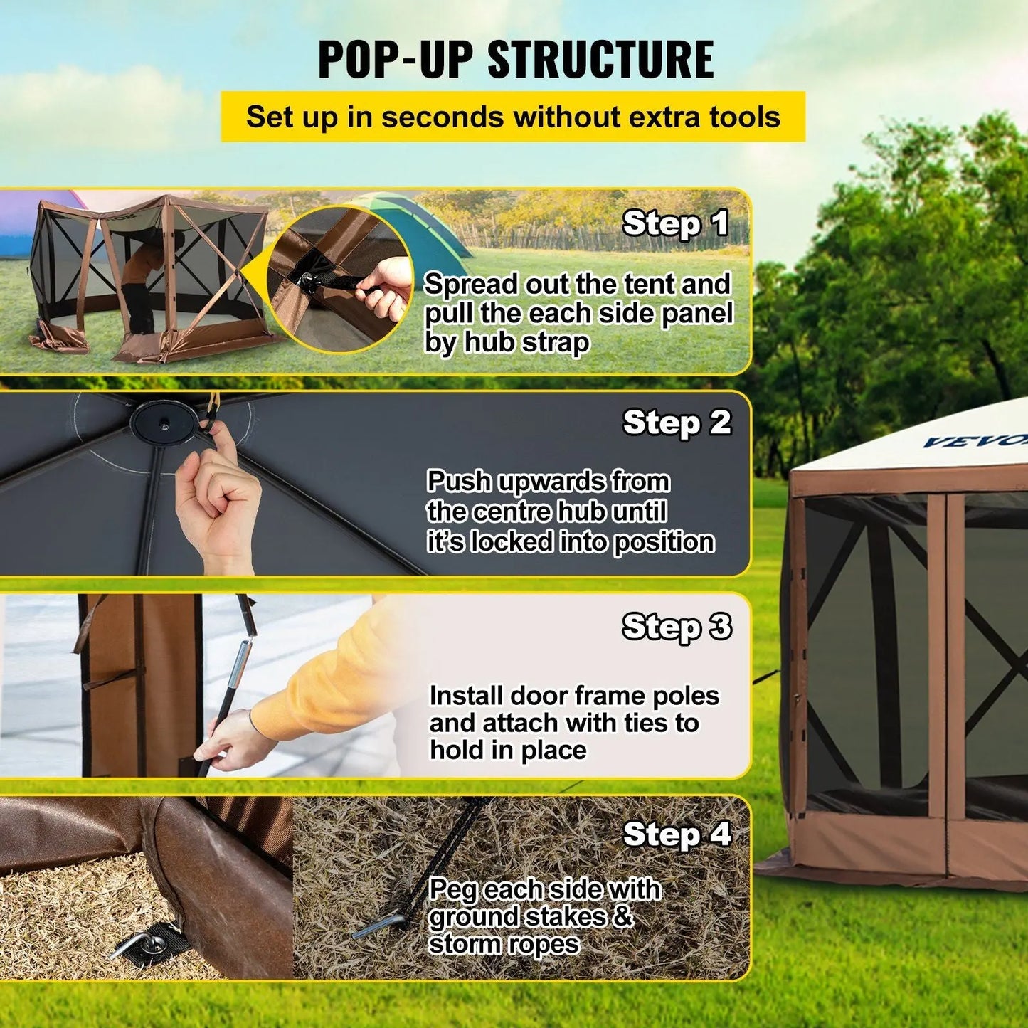 VEVOR Camping Gazebo Tent, 10'x10', 6 Sided Pop-up Canopy Screen Tent for 8 Person Camping, Waterproof Screen Shelter w/Portable Storage Bag, Ground Stakes, Mesh Windows, Brown & Beige Doba