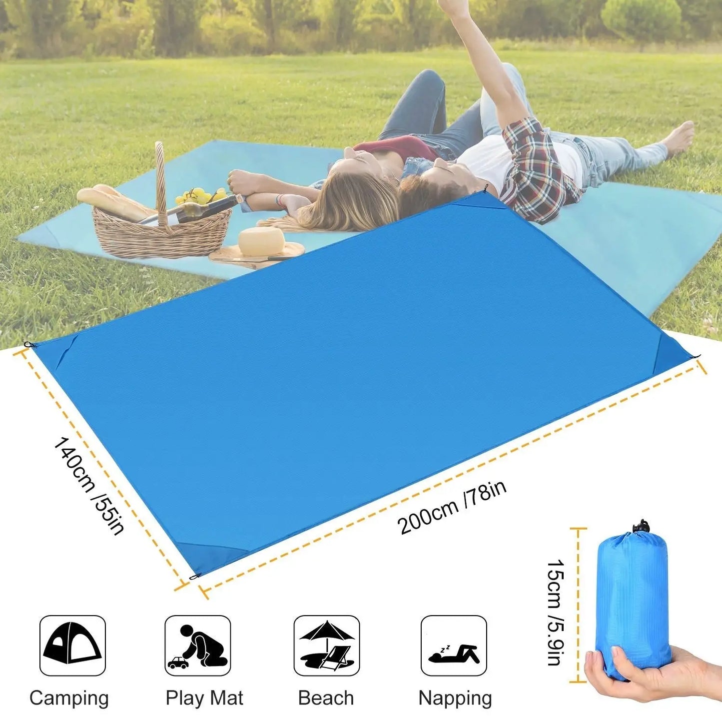 Portable Beach Blanket 4.6' x 6.6' Waterproof Foldable Camping Rug Pocket Sandproof Picnic Mat Doba