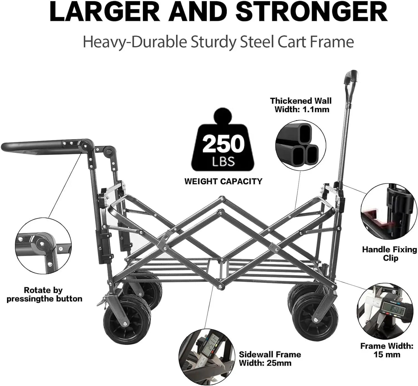 Collapsible Wagon 140L Wagons Carts Foldable with Removable Canopy, Folding Wagon Cart with Wheels for All-Terrain with Brake, Foldable Wagon with Cooler Bag, for Camping Beach Shopping Doba