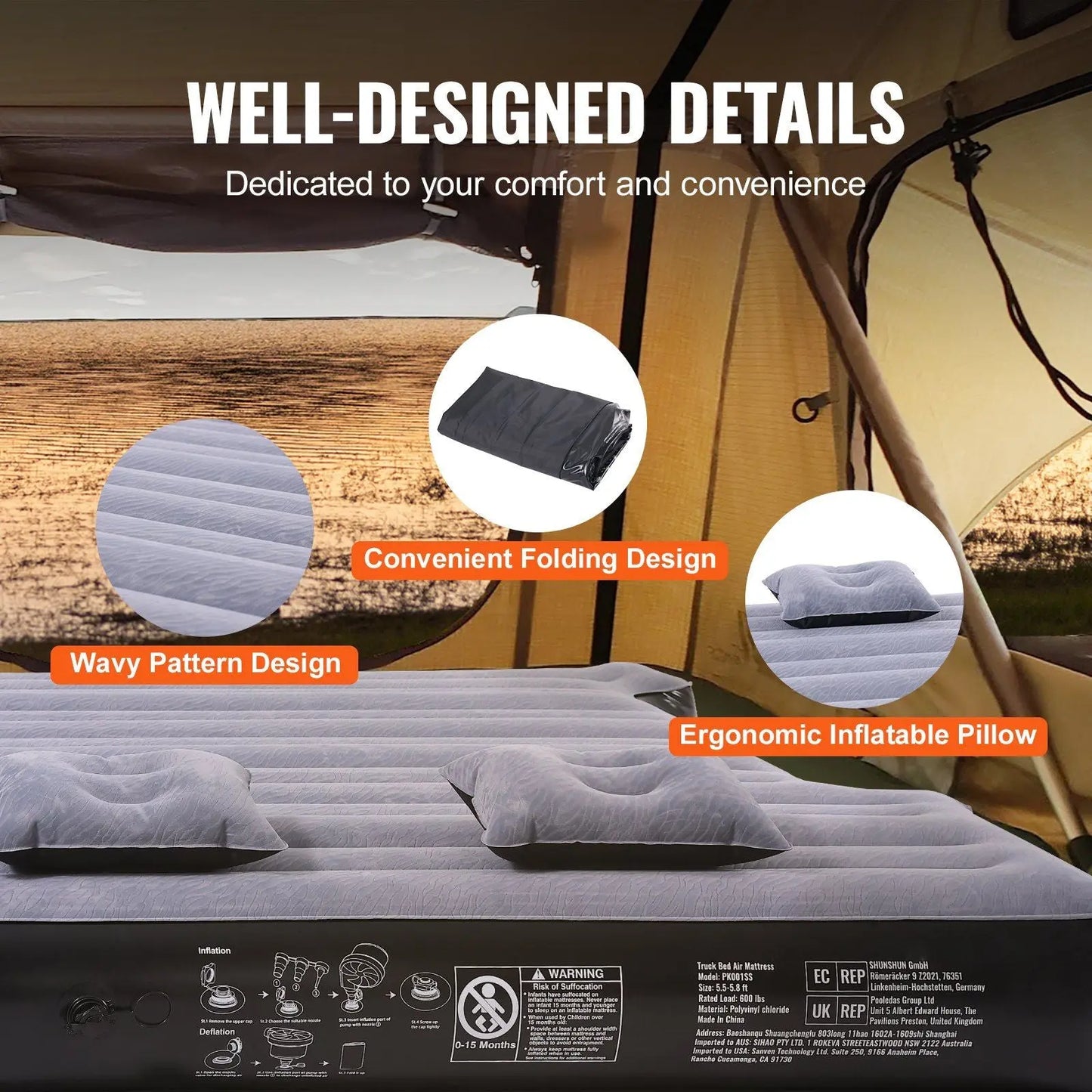 VEVOR Truck Bed Air Mattress, for 5.5-5.8 ft Full Size Short Truck Beds, Inflatable Air Mattress Camping Bed with 12V Air Pump 2 Pillows, Carry Bag, for Silverado, RAM, F Series, Sierra, Titan, Tundra Doba