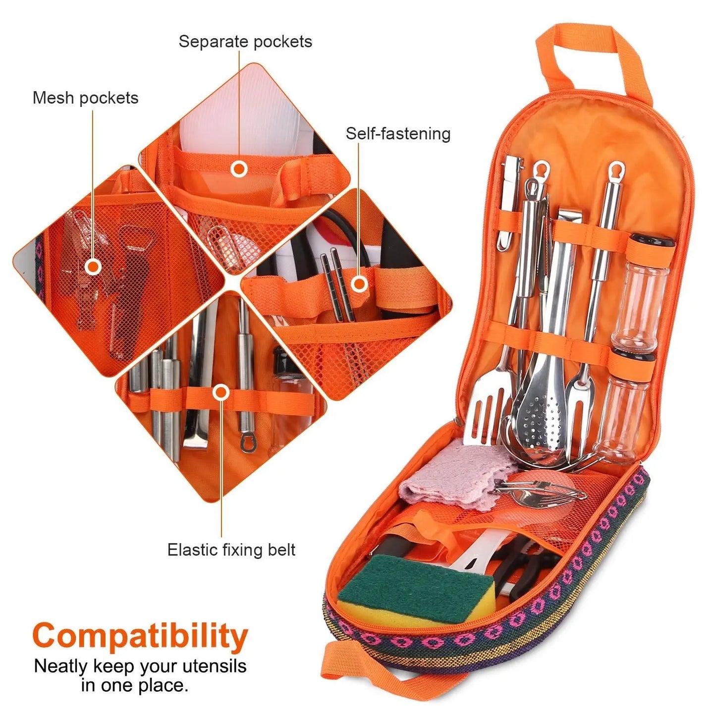 19Pcs Camping Cooking Utensil Kit Portable Picnic Cookware Outdoor Kitchen Equipment Gear Campfire Barbecue Appliances with Storage Bag Doba