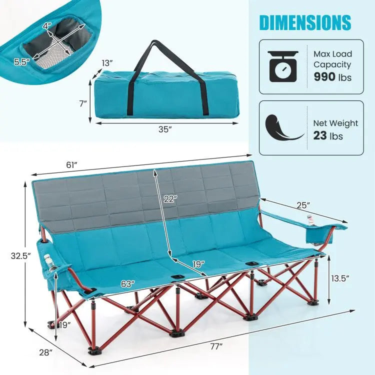 3 Person Folding Camping Chair with 2 Cup Holders Cotton Padding & Storage Bag Doba