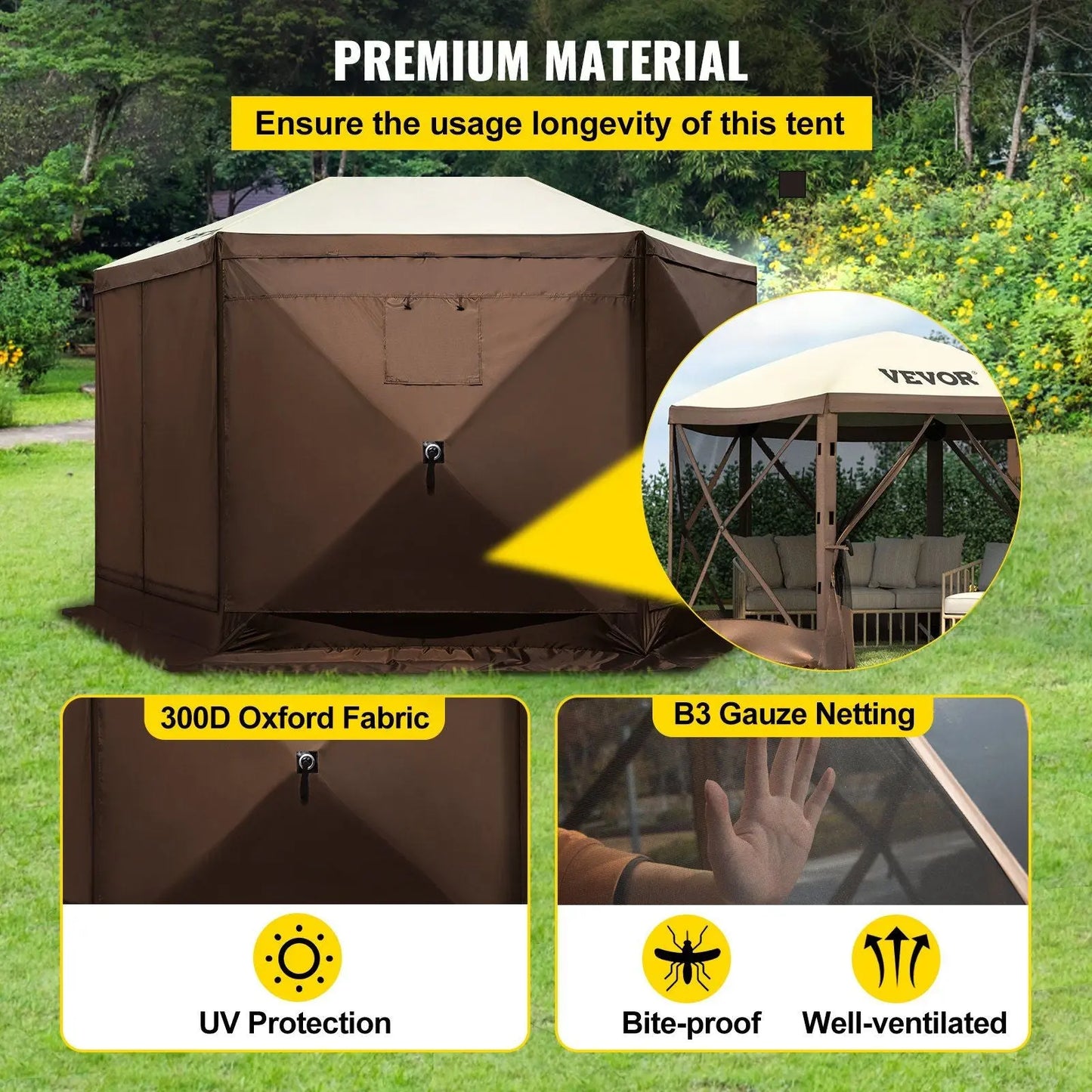 VEVOR Camping Gazebo Tent, 10'x10', 6 Sided Pop-up Canopy Screen Tent for 8 Person Camping, Waterproof Screen Shelter w/Portable Storage Bag, Ground Stakes, Mesh Windows, Brown & Beige Doba
