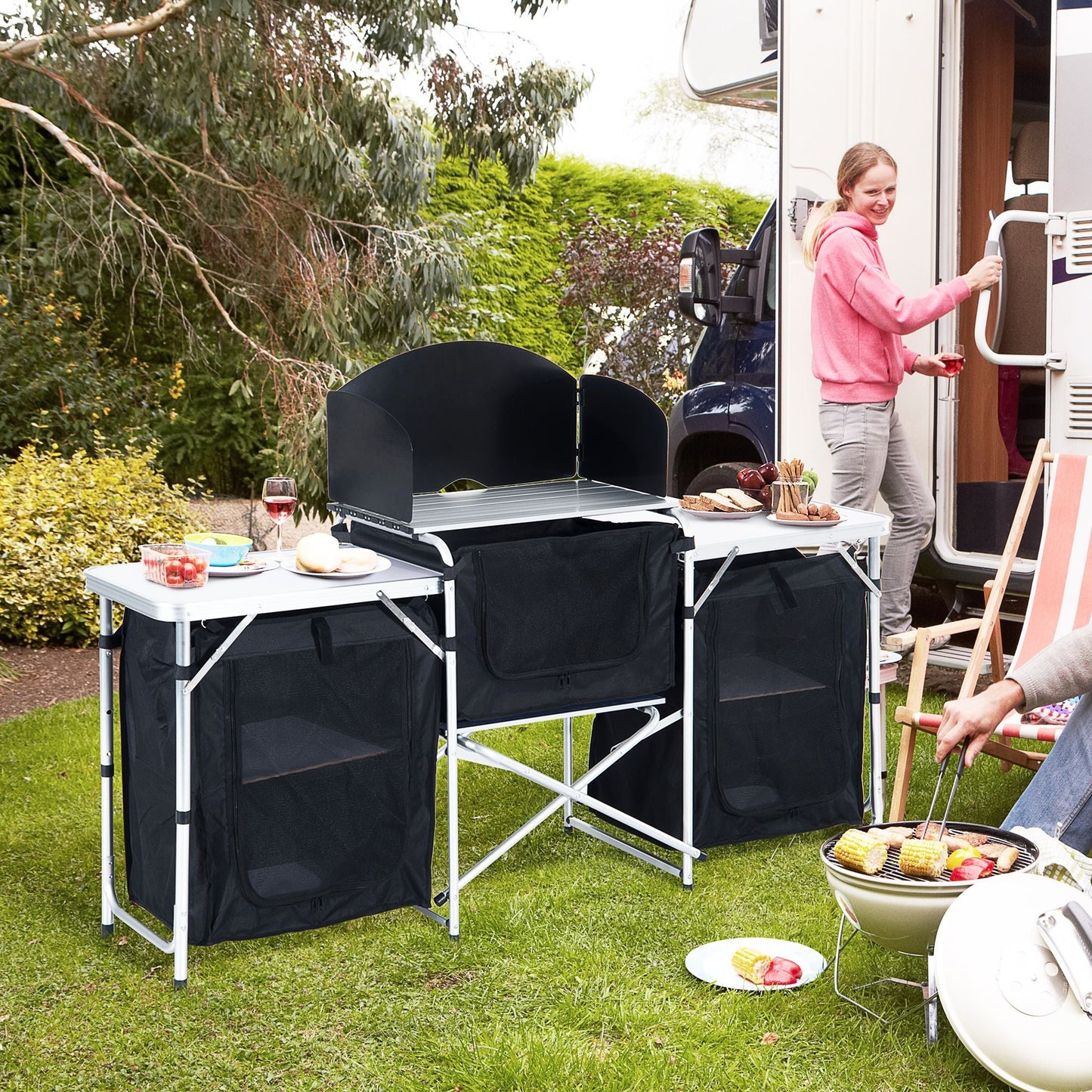 Outsunny Aluminum Portable Camping Kitchen Fold-Up Cooking Table With Windscreen and 3 Enclosed Cupboards for BBQ, Party, Picnics, Backyards Doba