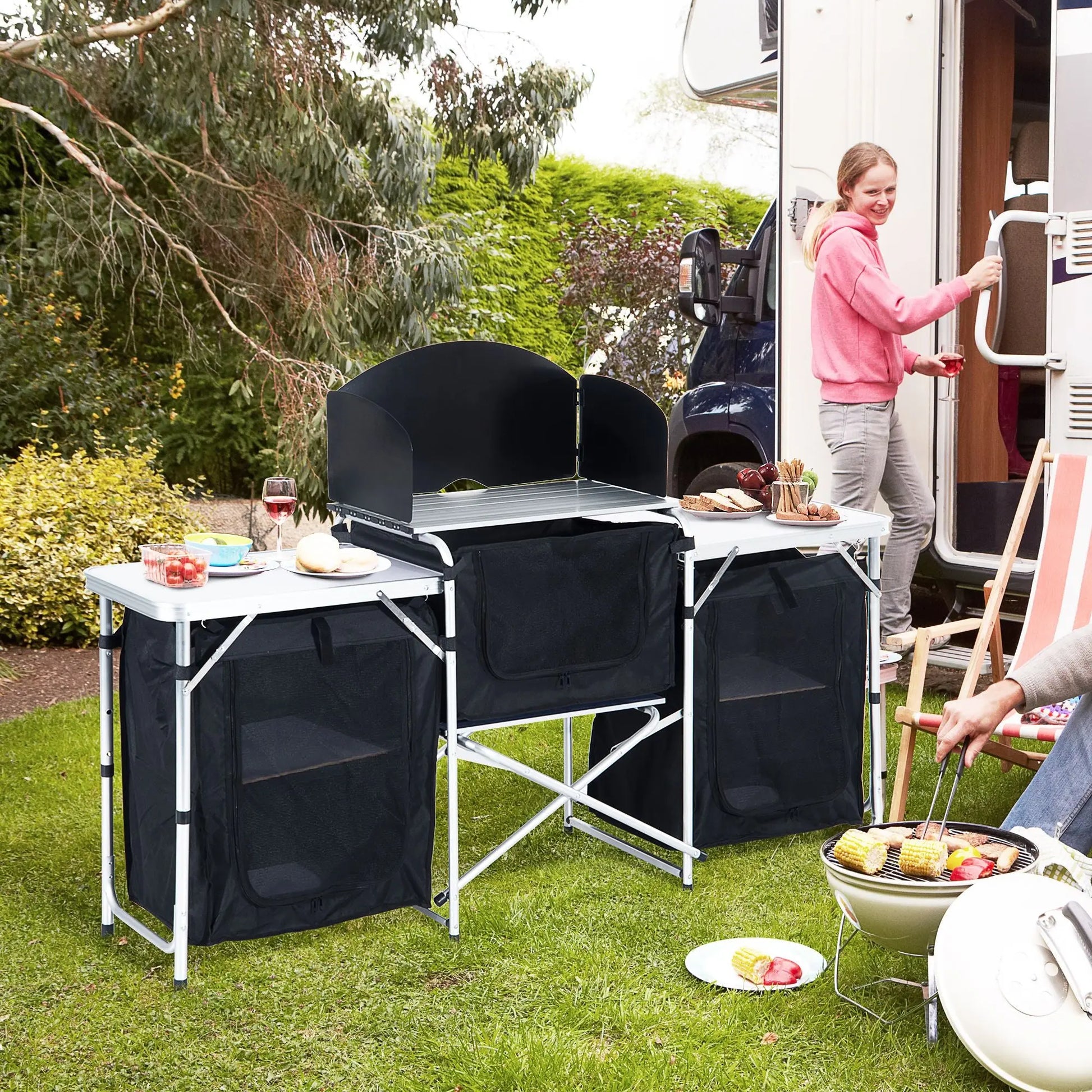 Outsunny Aluminum Portable Camping Kitchen Fold-Up Cooking Table With Windscreen and 3 Enclosed Cupboards for BBQ, Party, Picnics, Backyards Doba