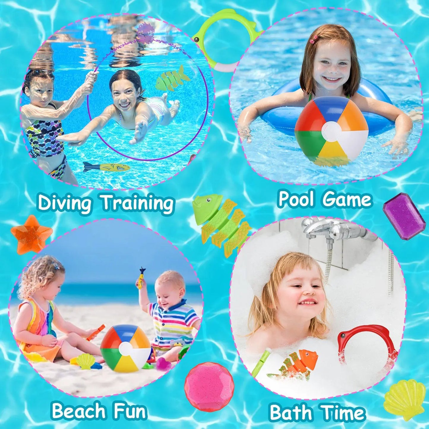 24Pcs Diving Toys Swimming Pool Toys Swim Toys for Kids Aged 3+ Years Old Swim Thru Rings Torpedoes Gems Volleyball Storage Bag Doba