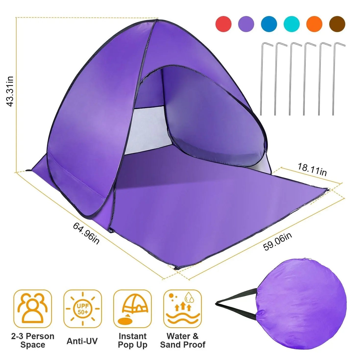 Pop Up Beach Tent Sun Shade Shelter Anti-UV Automatic Waterproof Tent Canopy for 2/3 Man w/ Net Window Storage Bag Doba