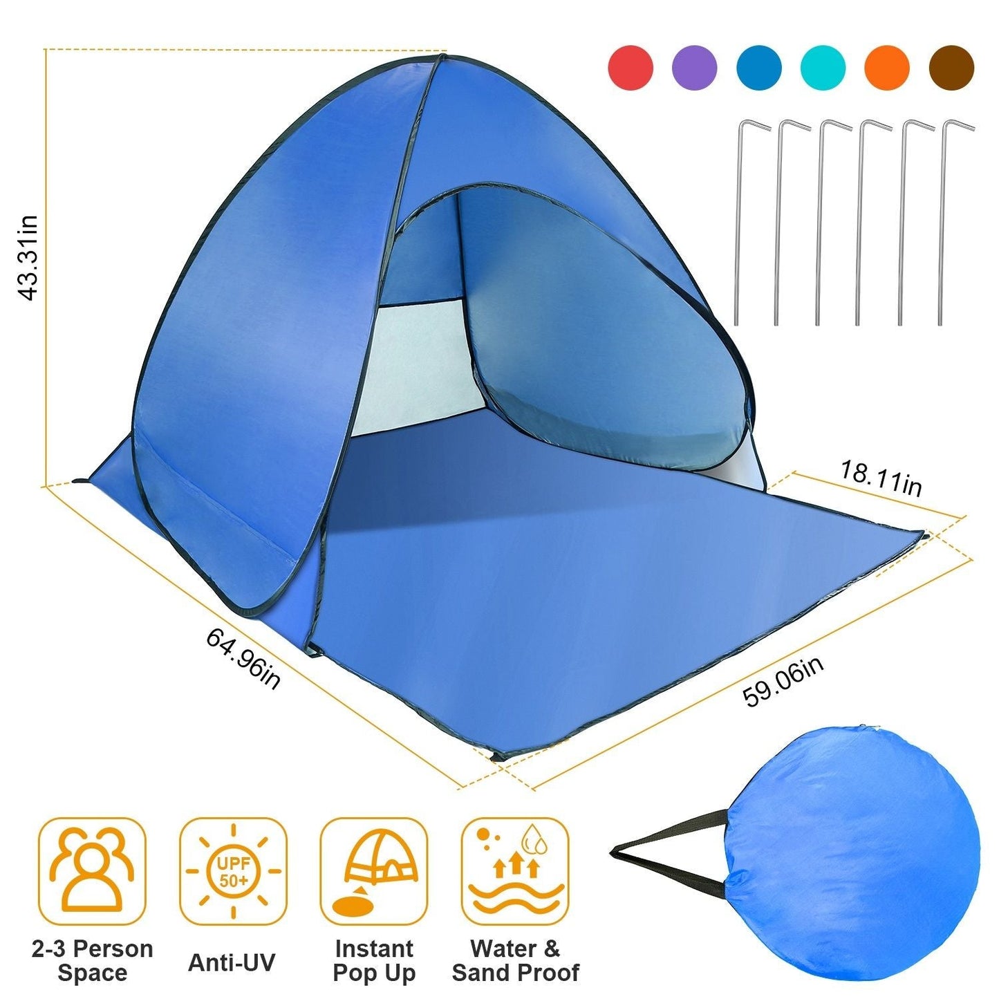 Pop Up Beach Tent Sun Shade Shelter Anti-UV Automatic Waterproof Tent Canopy for 2/3 Man w/ Net Window Storage Bag Doba