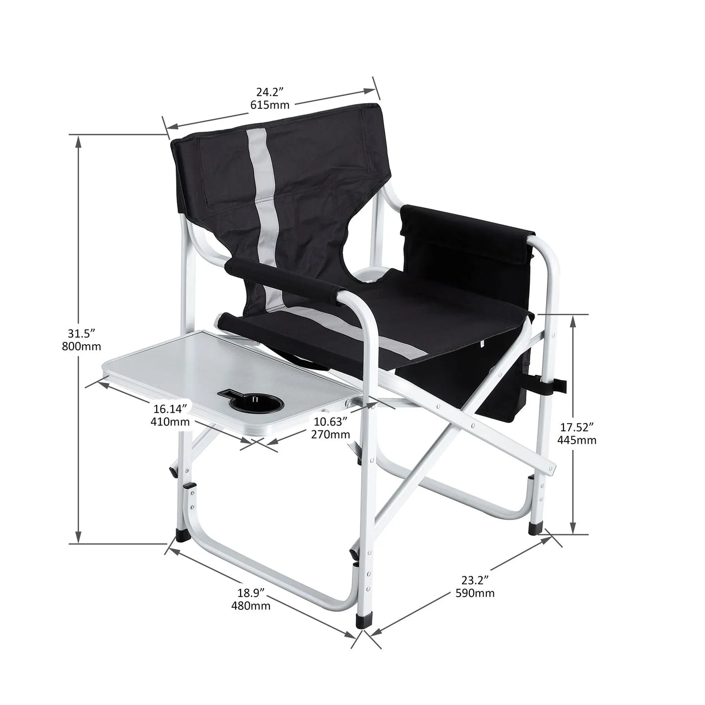1-piece Padded Folding Outdoor Chair with Side Table and Storage t Oversized Directors Chair for indoor; Outdoor Camping; Picnics and Fishing; Black/Grey Doba