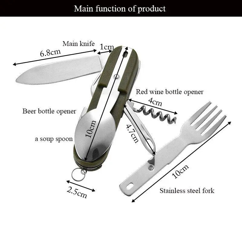 7 In 1 Multifunctional Outdoor Tableware Stainless Steel Foldable Fork Spoon Knife Picnic Camping Hiking Travelling Dinnerware Doba