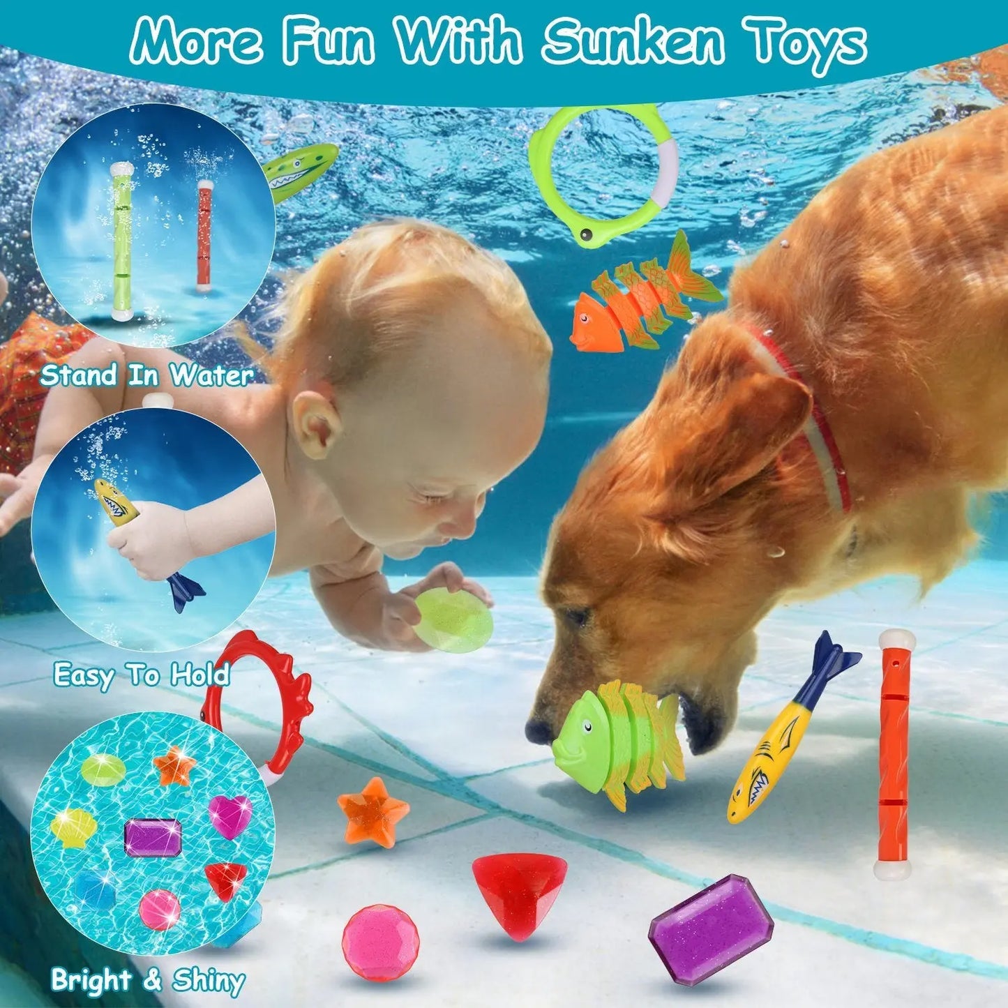 24Pcs Diving Toys Swimming Pool Toys Swim Toys for Kids Aged 3+ Years Old Swim Thru Rings Torpedoes Gems Volleyball Storage Bag Doba