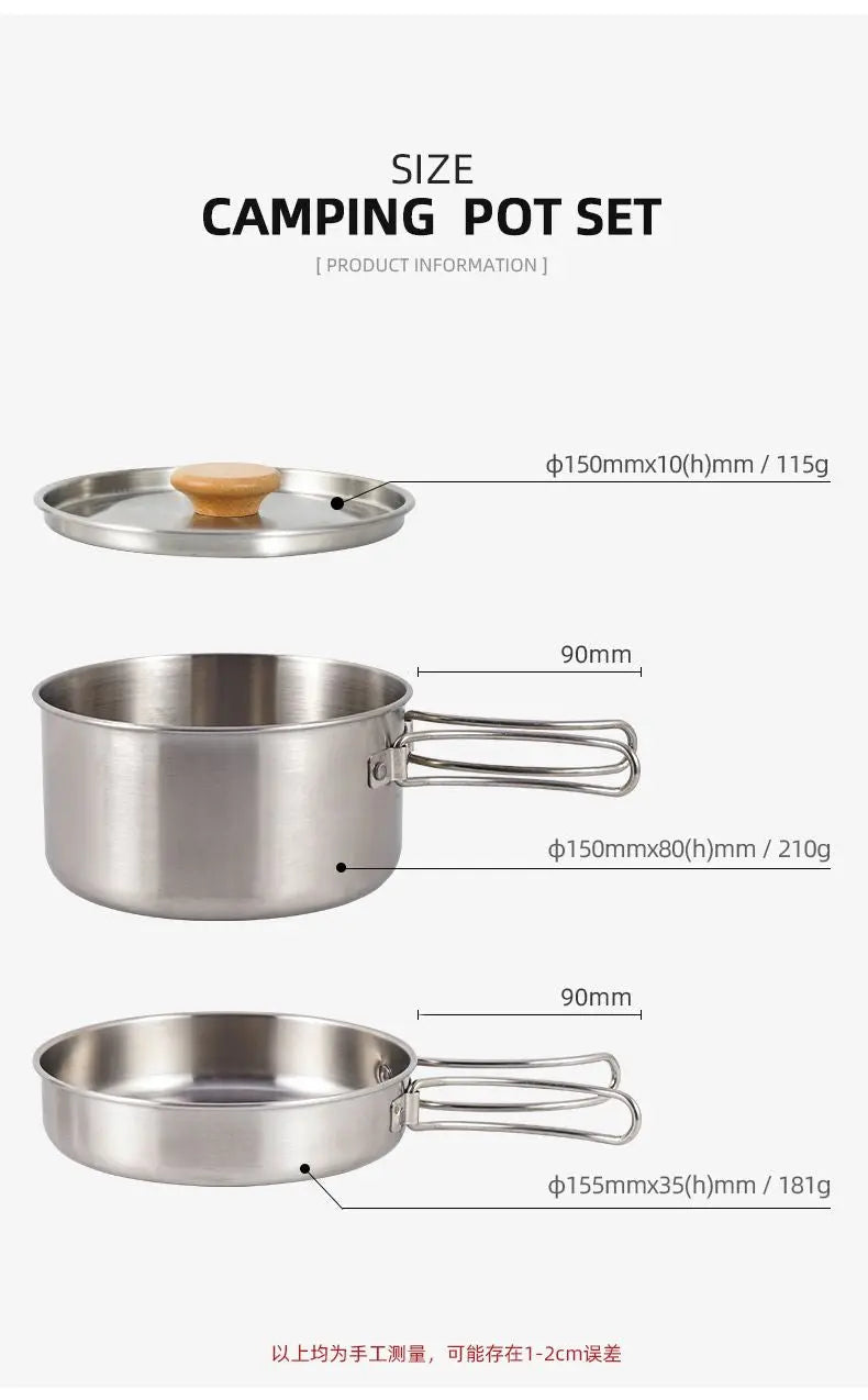 Outdoor hiking 304 stainless steel pot folding handle camping portable frying pan soup pot home picnic cookware set Doba