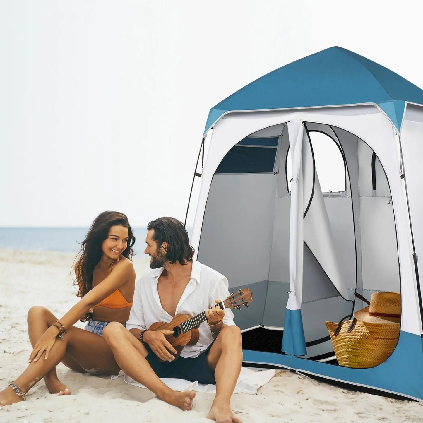 90x90x48" Portable Outdoor Pop UP Camping Shower Tent Enclosure, Shower Shelter, Changing Room, Dressing Tent, 2 Rooms, Instant Tent Blue/White RT Doba