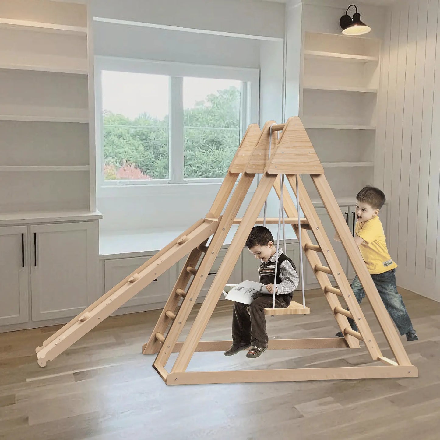 4-in-1 Juniper Indoor Play Gym - Jungle Gym Playset with Baby Swing, Slide, Ladder, and Climbing Wall - Foldable Wooden Playset - Indoor Jungle Gym for Kids Doba