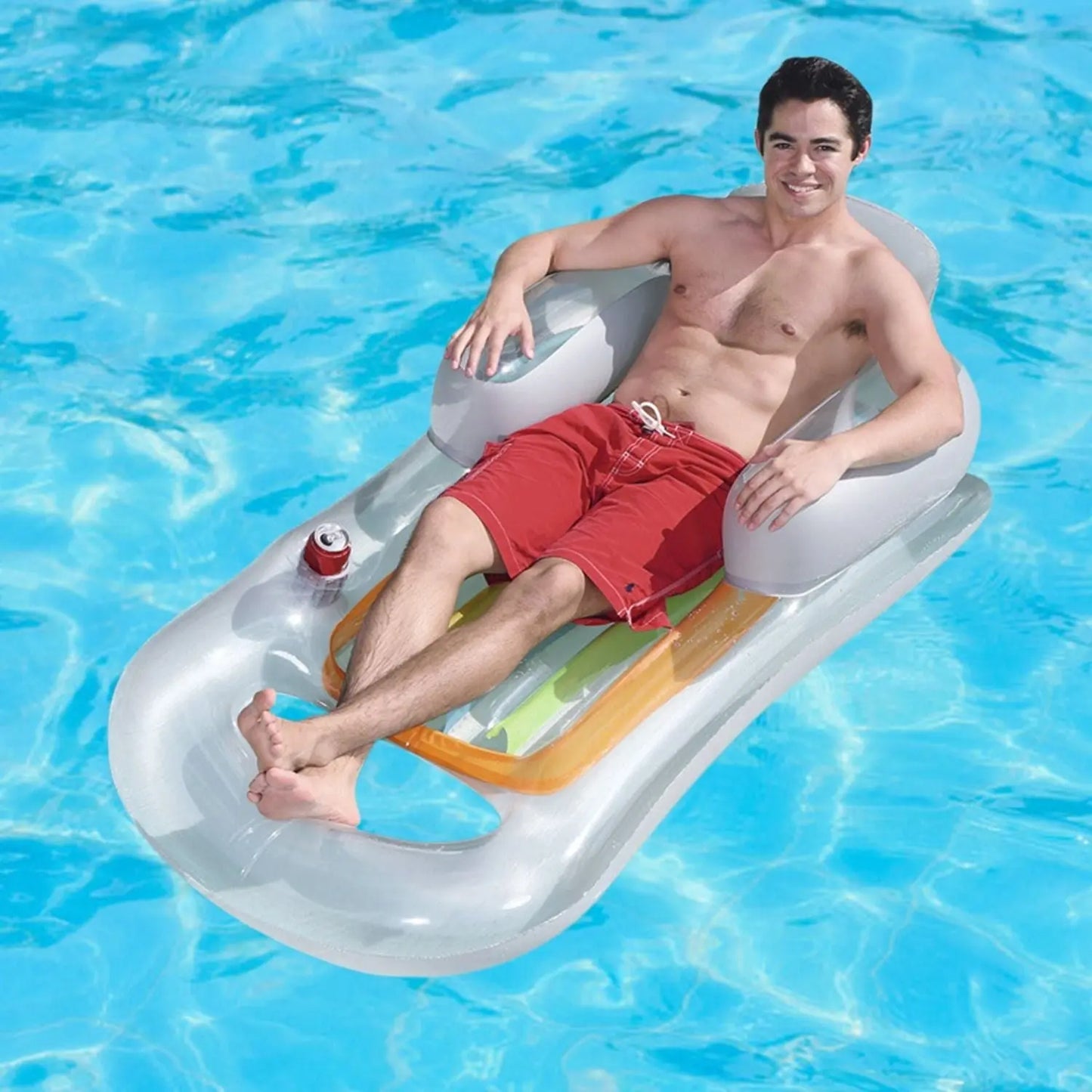 59in Inflatable Pool Float Raft w/ Headrest Armrest Cupholder Swimming Pool Lounge Air Mat Chair Doba
