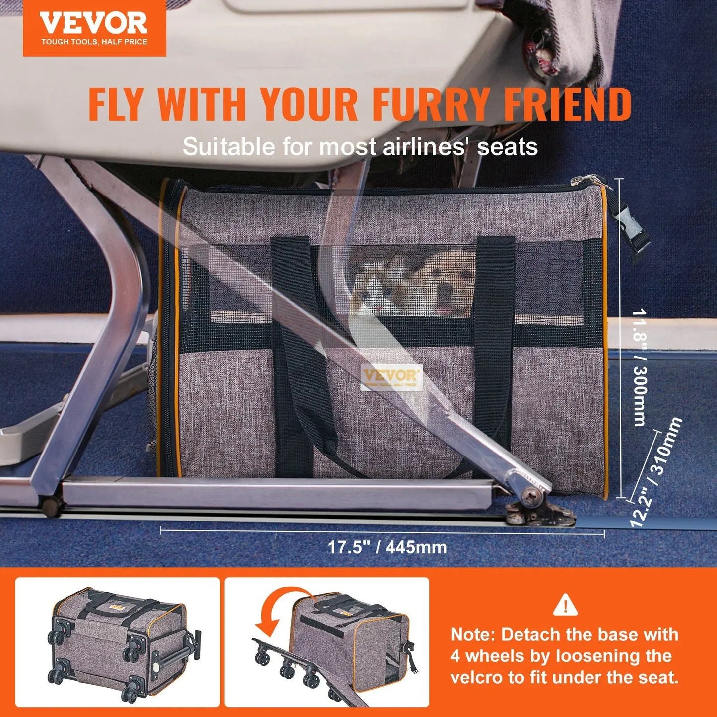 VEVOR Cat Carrier with Wheels, Airline Approved Rolling Pet Carrier with Telescopic Handle and Shoulder Strap, Dog Carrier with Wheels for Pets under 22 lbs, with 1 Folding Bowl, Grey Doba