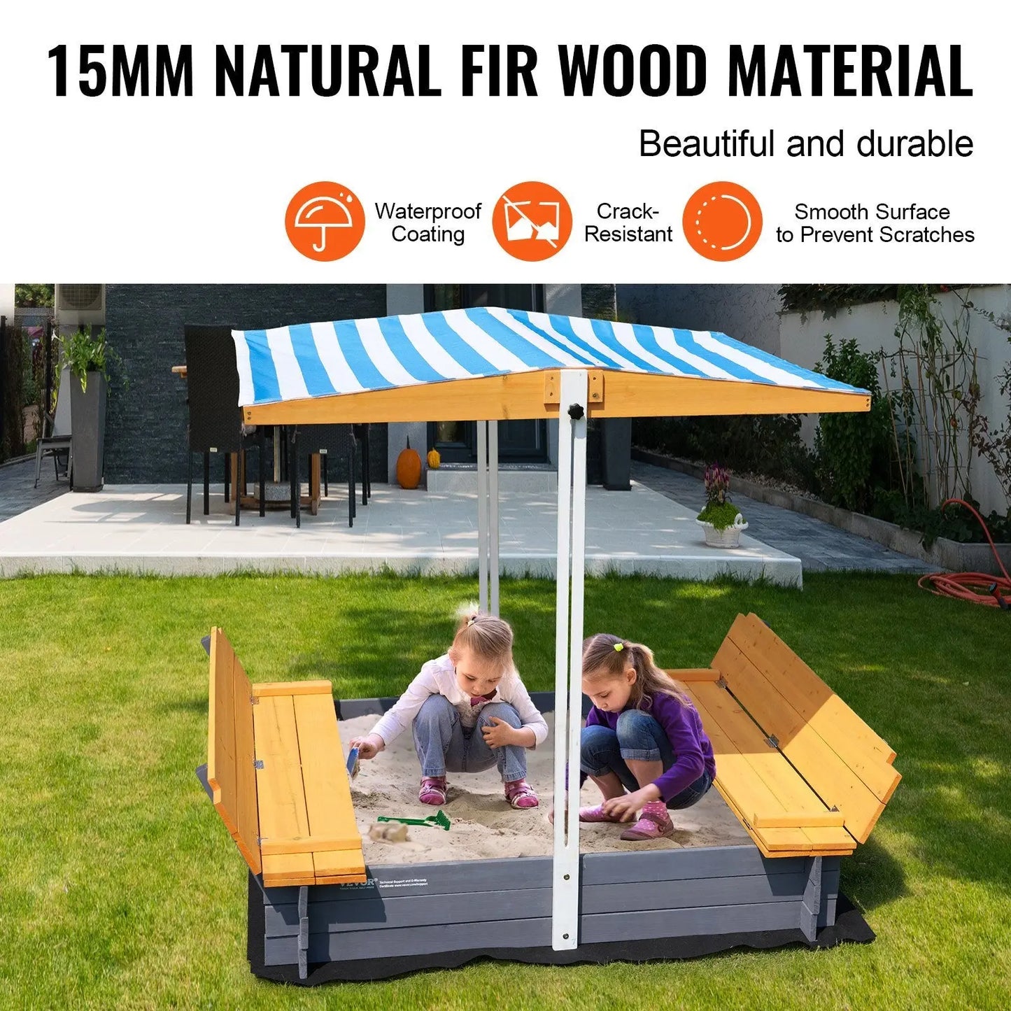 VEVOR Wooden Sandbox with Canopy, 57.3 x 47.2 x 47.2 in Sand Box, Sand Pit with Foldable Bench Seats and Bottom Liner, Natural Wood Kids Sandbox for Outdoor Backyard, Beach, Park, Gift for Ages 3-12 Doba