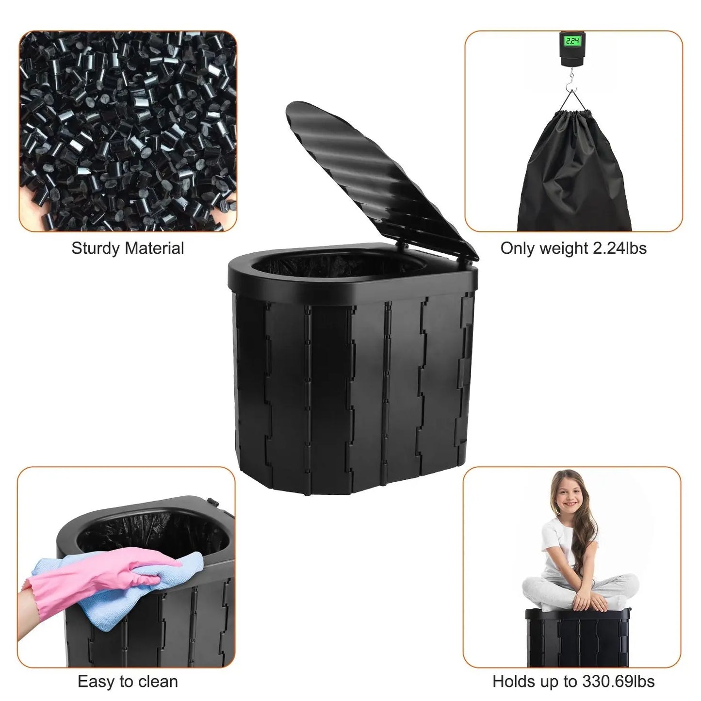 Foldable Emergency Toilet Portable Porta Potty for Car Travel Camping Boating Hiking Cleanable Travel Commode with Lid Carry Bag 1 Roll Garbage Bags Doba