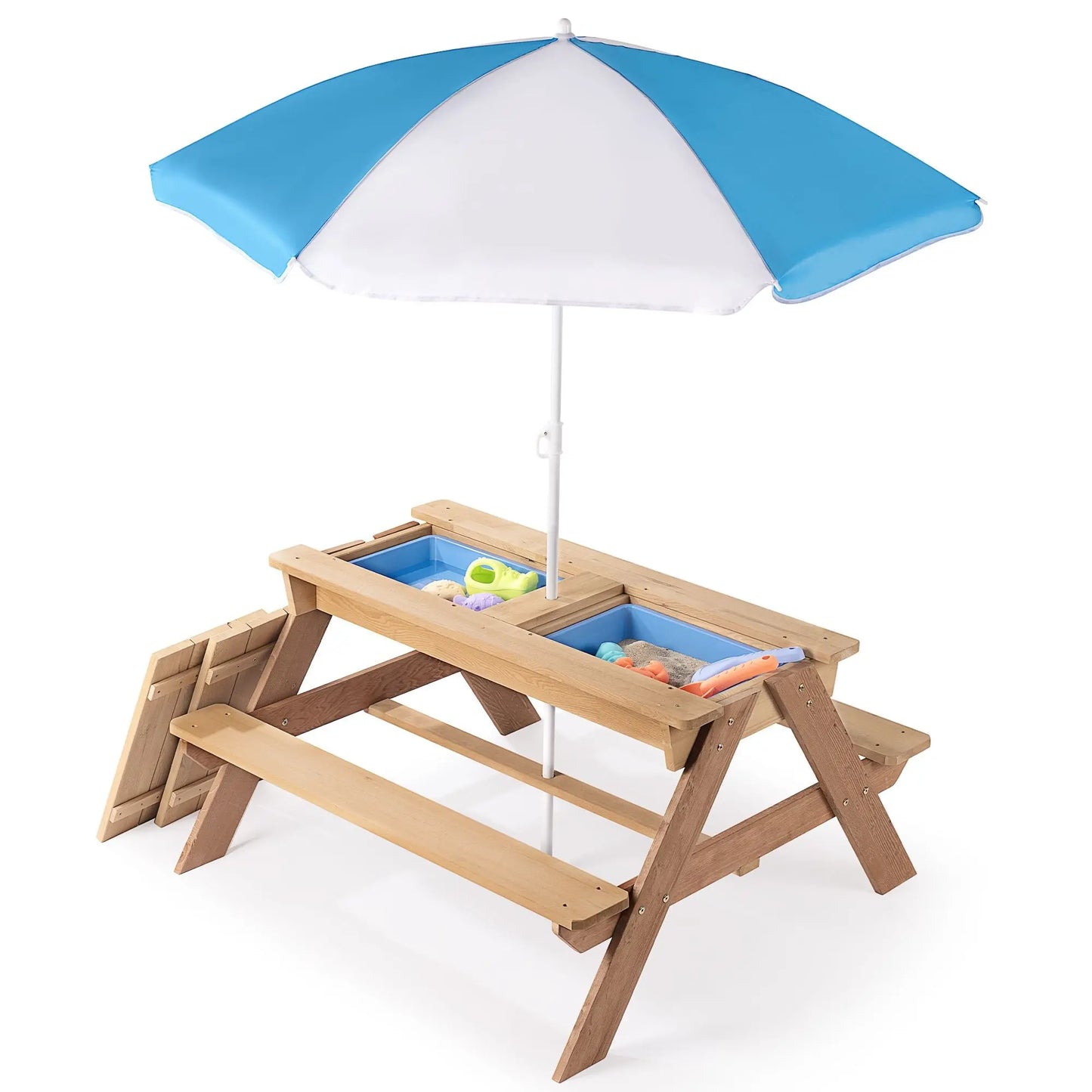 3-in-1 Kids Outdoor Wooden Picnic Table With Umbrella, Convertible Sand & Wate, Gray ASTM & CPSIA CERTIFICATION Doba