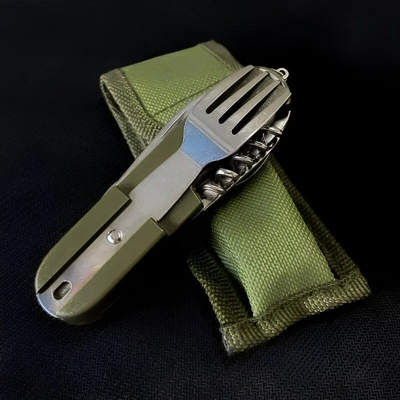 7 In 1 Multifunctional Outdoor Tableware Stainless Steel Foldable Fork Spoon Knife Picnic Camping Hiking Travelling Dinnerware Doba
