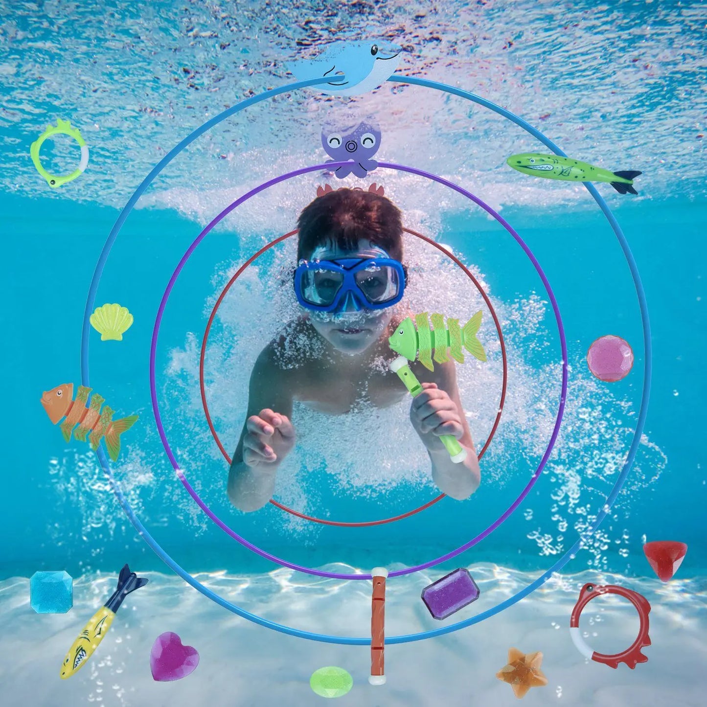 24Pcs Diving Toys Swimming Pool Toys Swim Toys for Kids Aged 3+ Years Old Swim Thru Rings Torpedoes Gems Volleyball Storage Bag Doba