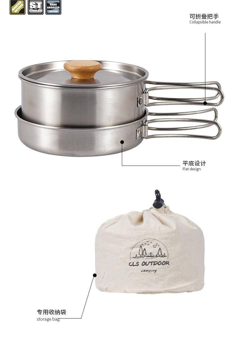 Outdoor hiking 304 stainless steel pot folding handle camping portable frying pan soup pot home picnic cookware set Doba