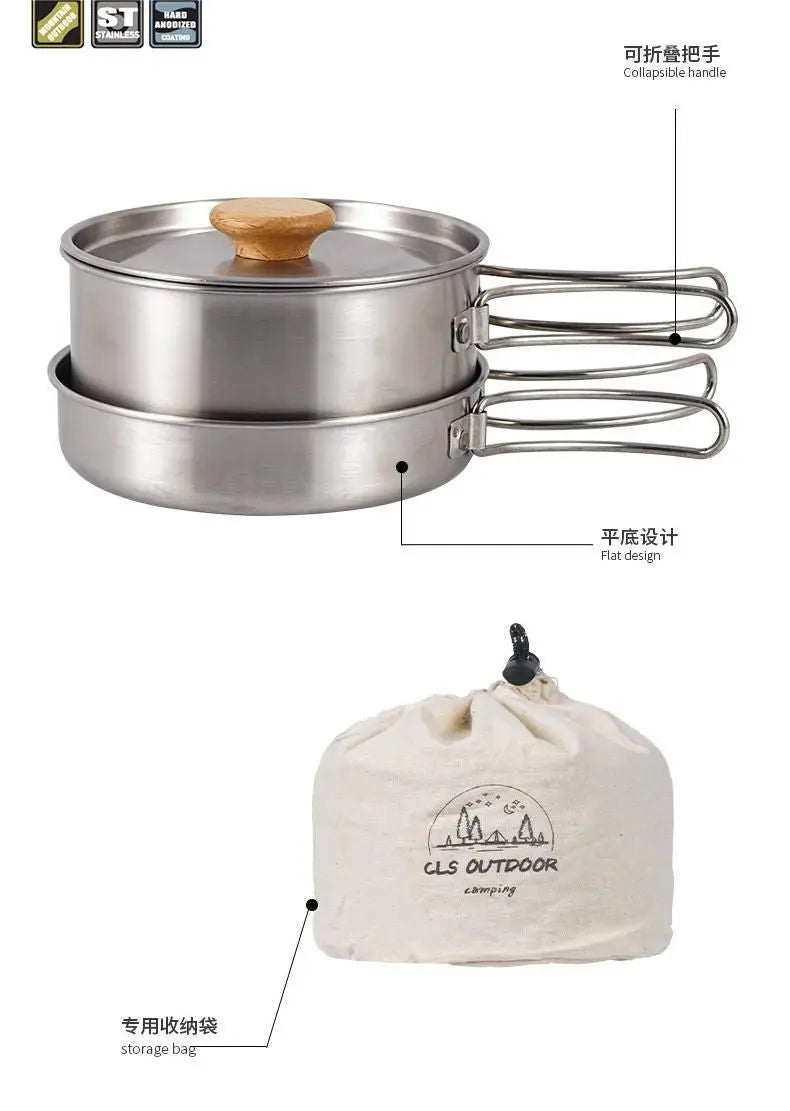 Outdoor hiking 304 stainless steel pot folding handle camping portable frying pan soup pot home picnic cookware set Doba