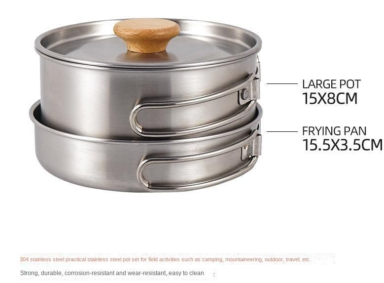 Outdoor hiking 304 stainless steel pot folding handle camping portable frying pan soup pot home picnic cookware set Doba