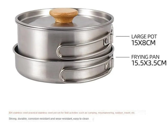 Outdoor hiking 304 stainless steel pot folding handle camping portable frying pan soup pot home picnic cookware set Doba
