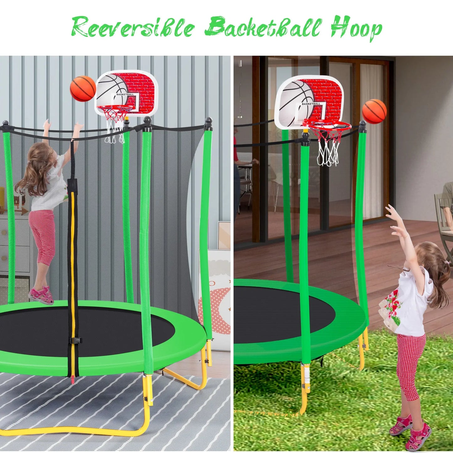 5.5FT Trampoline for Kids - 65" Outdoor & Indoor Mini Toddler Trampoline with Enclosure, Basketball Hoop and Ball Included Doba