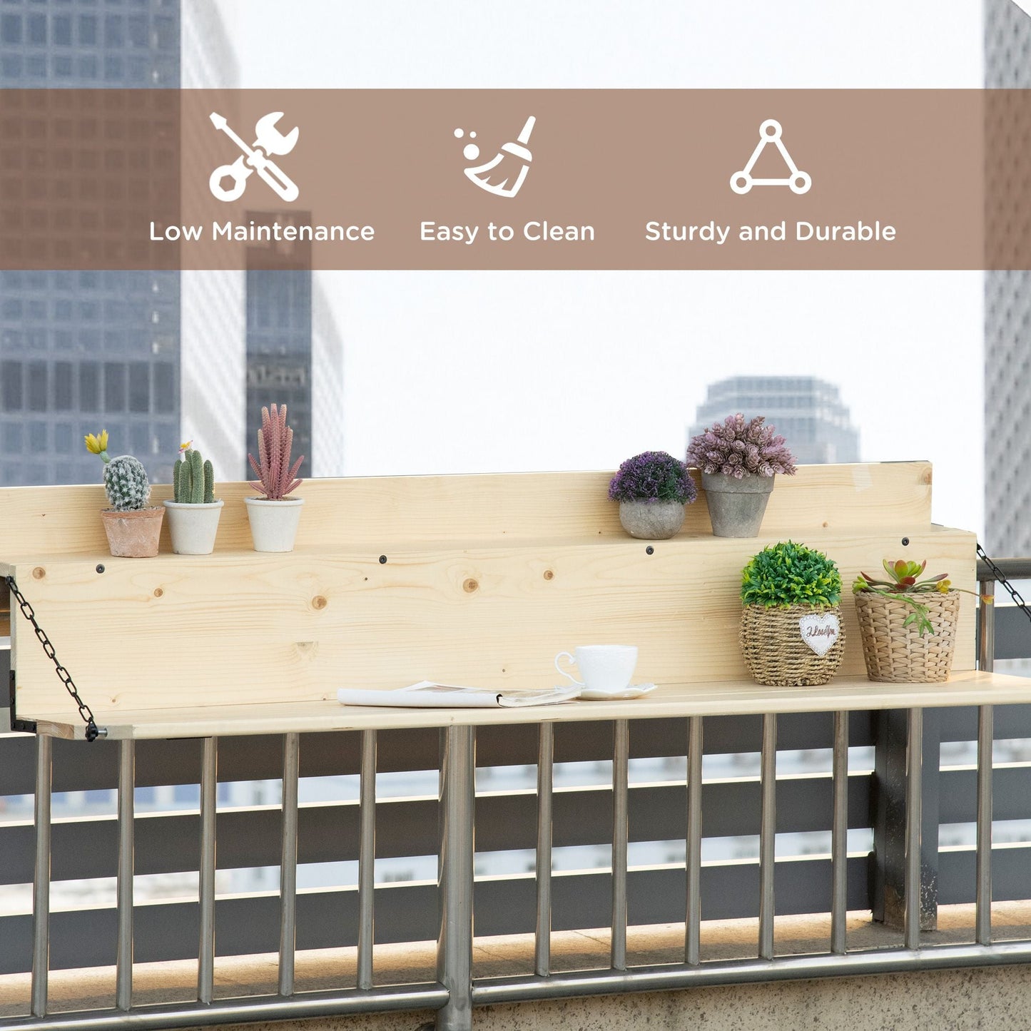 Hanging Balcony Table, Spruce Wood Foldable Railing Bar, Serving Table & Desk, Fits up to 3.9 Inches, Natural Doba
