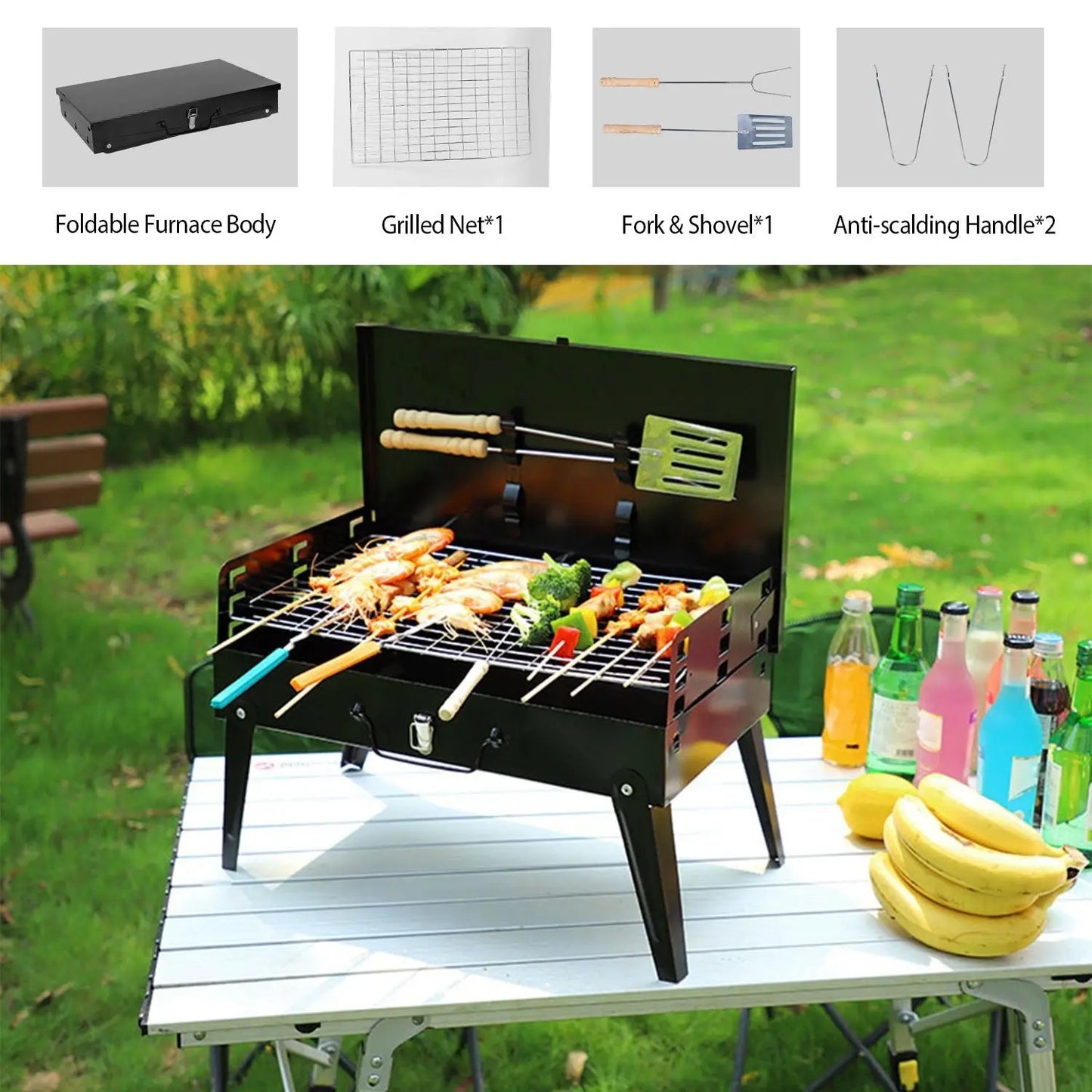16.7x10x17.7in Portable Charcoal Grill Foldable BBQ Suitcase Grill Shelf For Outdoor Camping Picnics Garden Grilling Doba