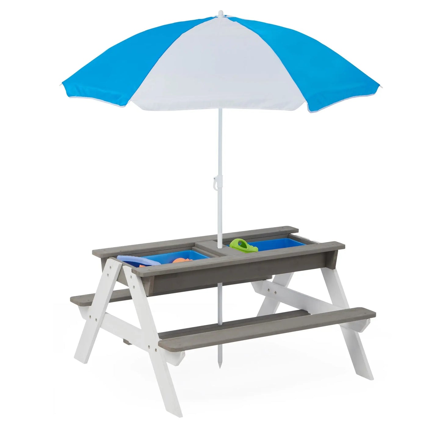 3-in-1 Kids Outdoor Wooden Picnic Table With Umbrella, Convertible Sand & Wate, Gray ASTM & CPSIA CERTIFICATION Doba