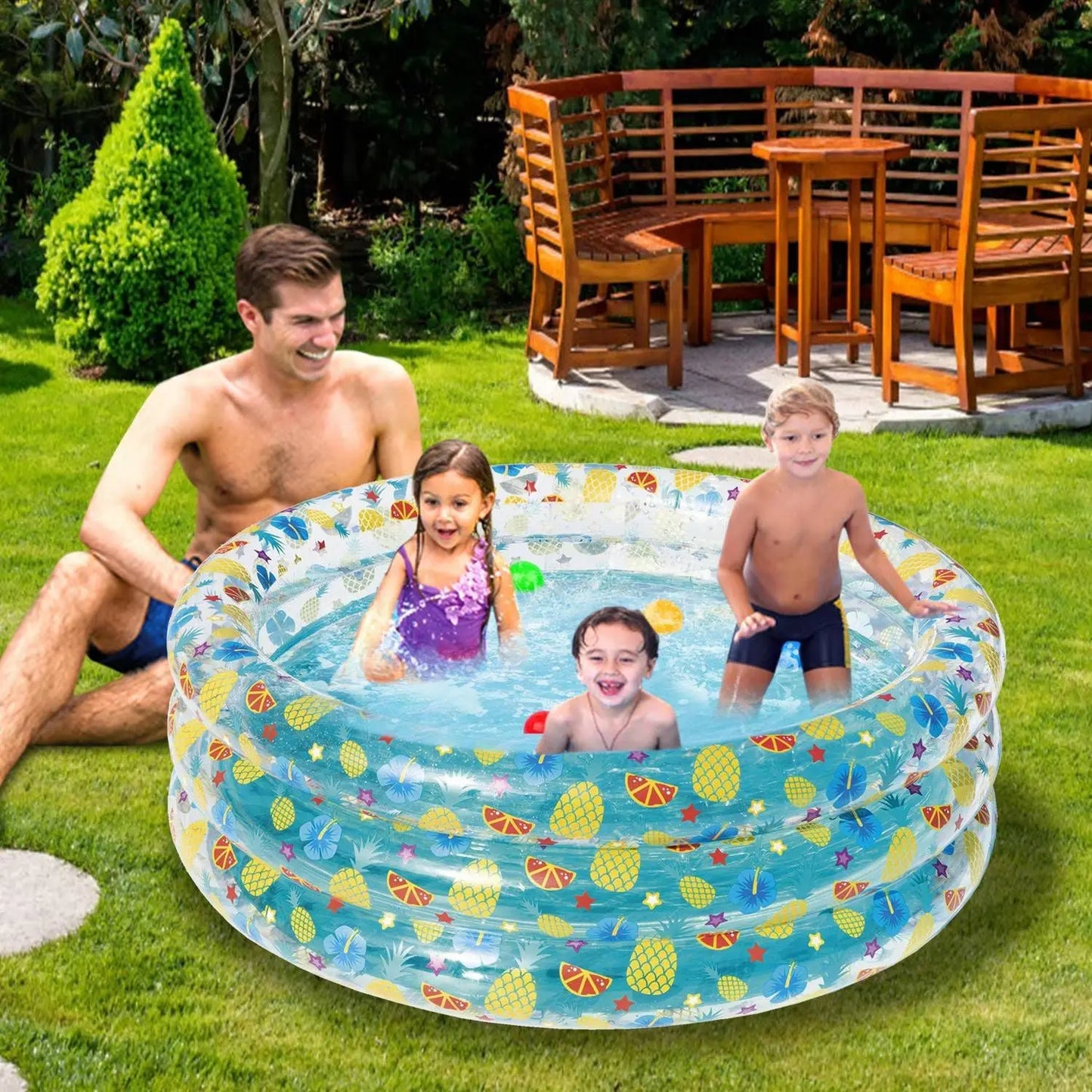 59x21in Inflatable Swimming Pool Blow Up Family Pool For 3 Kids Foldable Swim Ball Pool Center Doba