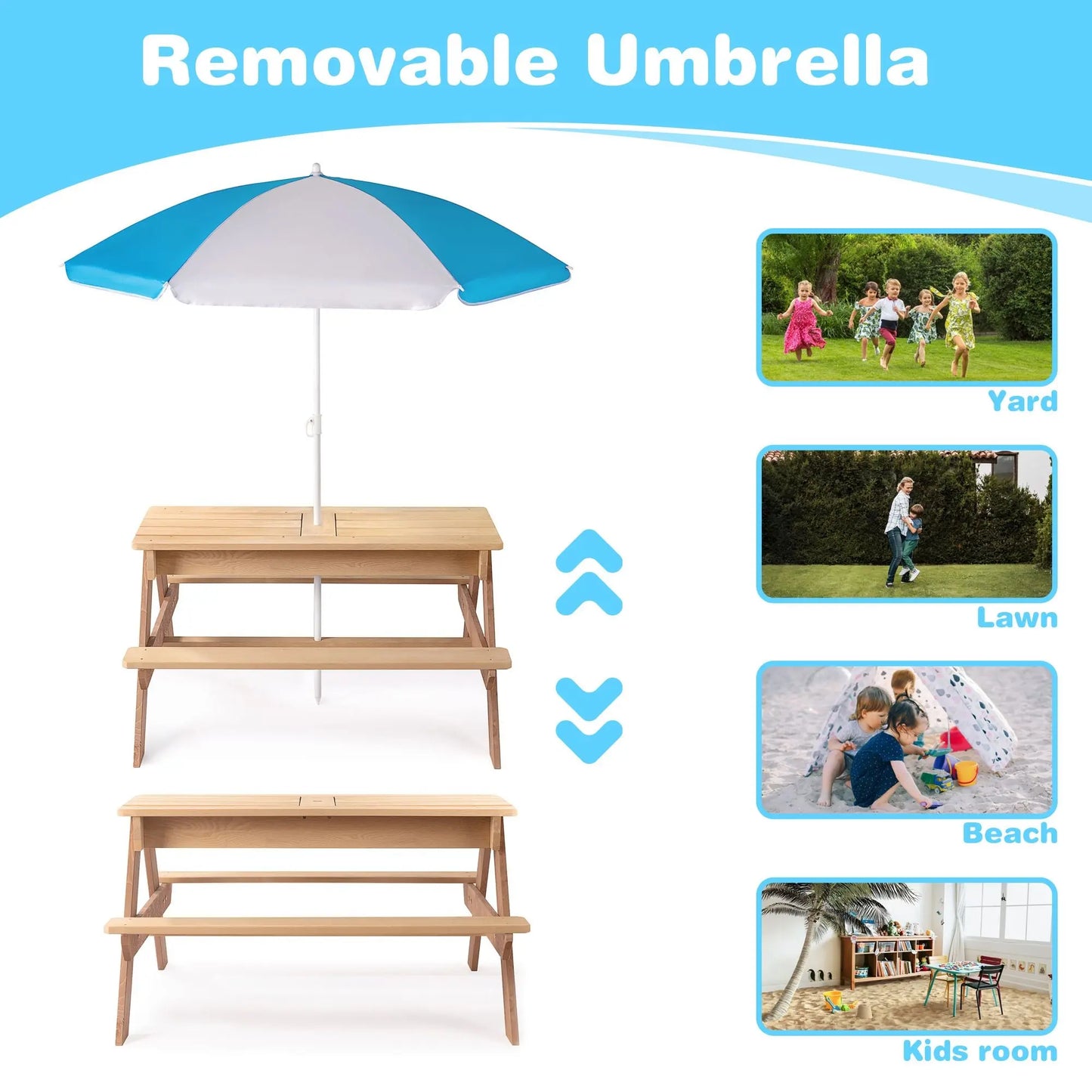 3-in-1 Kids Outdoor Wooden Picnic Table With Umbrella, Convertible Sand & Wate, Gray ASTM & CPSIA CERTIFICATION Doba