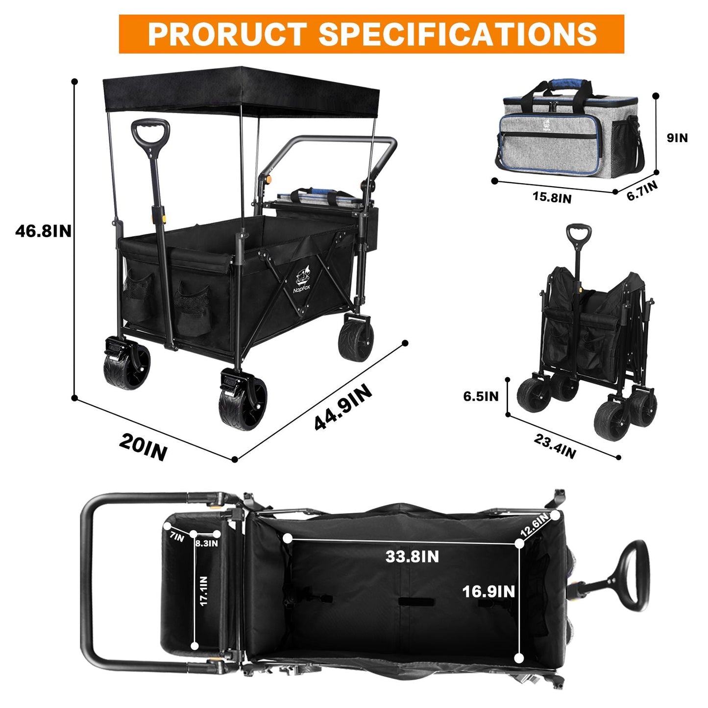 Collapsible Wagon 140L Wagons Carts Foldable with Removable Canopy, Folding Wagon Cart with Wheels for All-Terrain with Brake, Foldable Wagon with Cooler Bag, for Camping Beach Shopping Doba