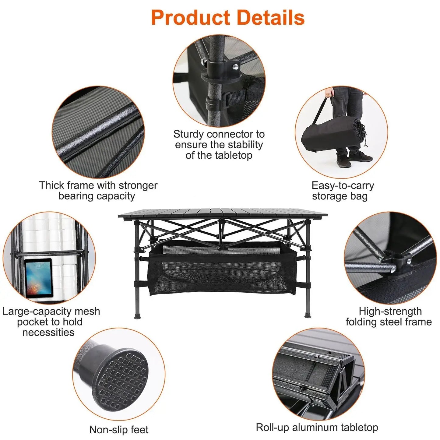 1Pc Folding Camping Table Portable Aluminum Roll-up Picnic BBQ Desk with Carrying Bag Heavy Duty Outdoor Beach Backyard Party Patio Doba