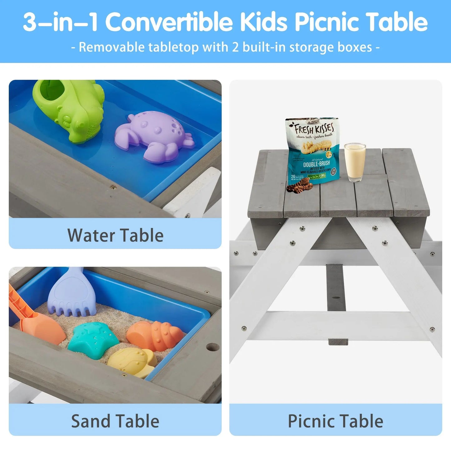3-in-1 Kids Outdoor Wooden Picnic Table With Umbrella, Convertible Sand & Wate, Gray ASTM & CPSIA CERTIFICATION Doba