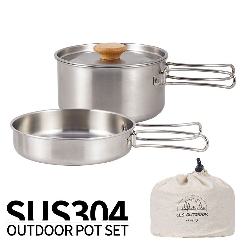 Outdoor hiking 304 stainless steel pot folding handle camping portable frying pan soup pot home picnic cookware set Doba